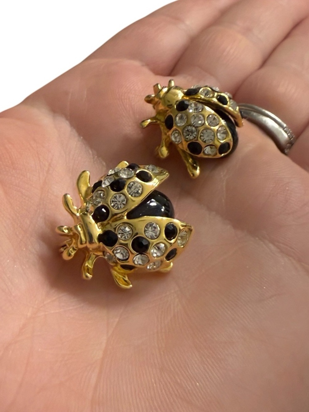 Gold Ladybug Broaches with Black and Clear Accents - Women Jewelry
